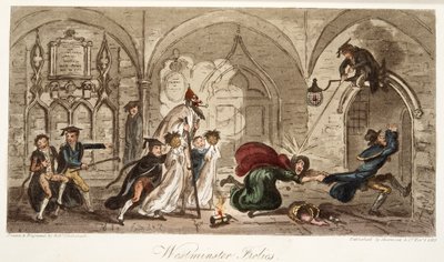 Westminster Frolics, do The English Spy, pub. 1824 (gravura colorida à mão) de Isaac Robert Cruikshank