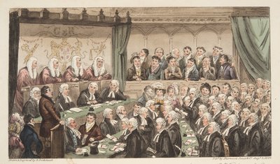 Westminster Hall, do The English Spy, pub. 1824 (gravura colorida à mão) de Isaac Robert Cruikshank