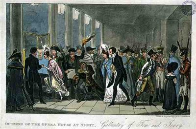 Fora da Casa da Ópera à noite: Gallantry of Tom and Jerry, de "Life in London", de Pierce Egan. de Isaac Robert and George Cruikshank