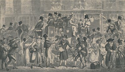 Adega de cavalo branco exterior, Piccadilly, 1821, 1920. Artistas: Isaac Robert Cruikshank, George Cruikshank. de Isaac, Robert and George Cruikshank