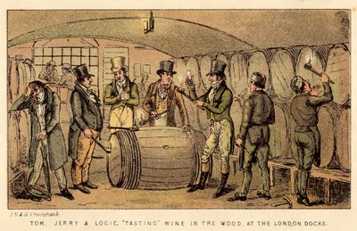 Tom, Jerry e Logic, degustando vinho na madeira, nas Docas de Londres de Isaac, Robert and George Cruikshank