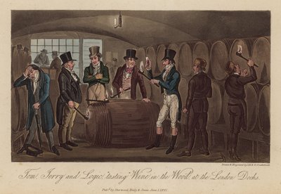 Tom, Jerry e Logic &39;degustam&39; vinho na madeira nas docas de Londres de Isaac, Robert and George Cruikshank