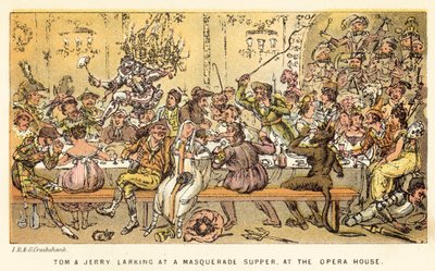 Tom e jerry larking em um mascarada ceia, na casa da ópera de Isaac, Robert and George Cruikshank