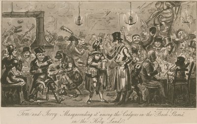 Tom e Jerry mascarando-o entre os cadgers nas "favelas de fundo" na Terra Santa de Isaac, Robert and George Cruikshank