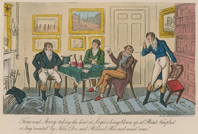 Tom e Jerry dando a dica de que o Logic está sendo explodido em &39;Point Nonplus&39; de Isaac, Robert and George Cruikshank