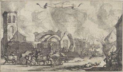 Tropas francesas marcham saqueando e atirando pelas ruínas da vila de Nigtevecht, 1672 Série de treze imagens das aldeias e castelos da província de Utrecht destruídas pelos franceses em 1672 (título da série) de Isaac Sorious