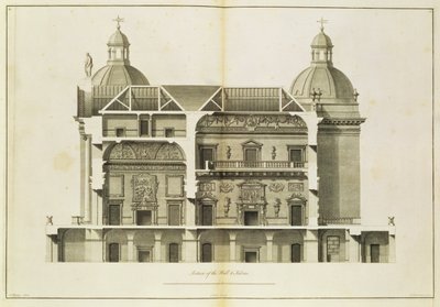 Houghton Hall: corte transversal do Salão e Salão, gravado por Pierre Fourdrinier, 1735 (ver também 64903 e 64904) de Isaac Ware