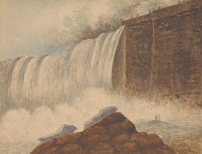 Vista das Cataratas do Niágara com duas figuras na rocha em primeiro plano direito de Isaac Weld