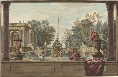Um jardim italiano com um papagaio, um poodle e um homem de Isaac de Moucheron