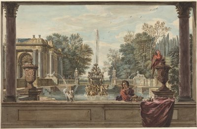 Um jardim à italiana com um papagaio, um caniche e um homem de Isaac de Moucheron