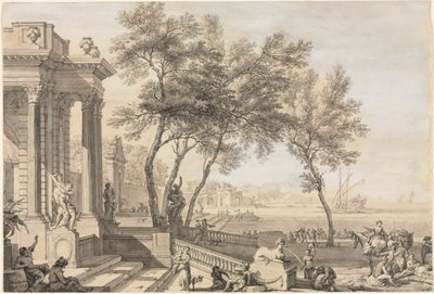 Cena fantástica do porto com arquitetura e figuras de Isaac de Moucheron