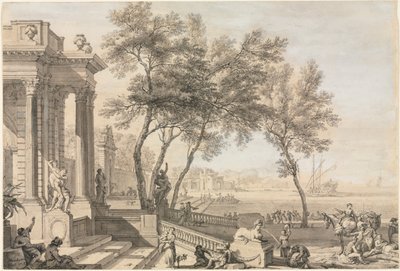 Cena fantástica do porto com arquitetura e figuras, 1713. de Isaac de Moucheron