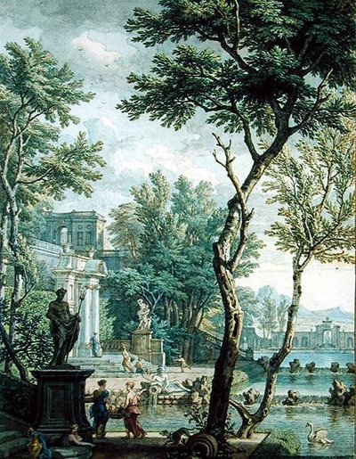 Palácio e Parque Ideal (caneta e tinta marrom e wc no papel) de Isaac de Moucheron