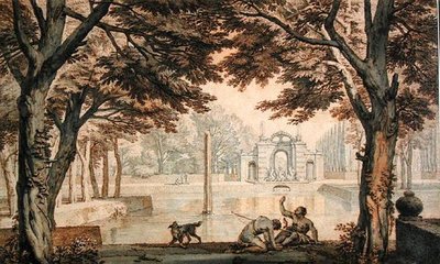 Lago com uma fonte no jardim (caneta e tinta e lavagem em papel) de Isaac de Moucheron