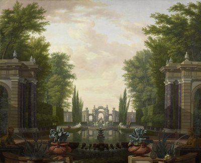 Terraço de água com estátuas e fontes num parque de Isaac de Moucheron