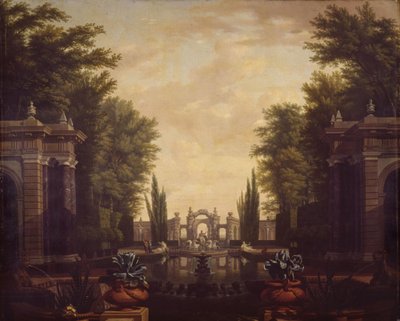 Espelho de água com estátuas e edifícios num parque de Isaac de Moucheron