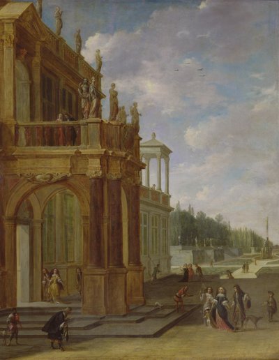 Pessoas no terraço de um palácio de Isaac van Nickele