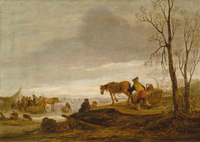 Uma paisagem de inverno com figuras num rio gelado de Isaac van Ostade
