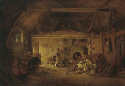 Alemão: Scheuneninterieur Interior de um celeiro com duas crianças a comer e um homem a trabalhar de Isaac van Ostade