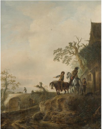 Paisagem com cavaleiros parados numa estalagem de Isaac van Ostade
