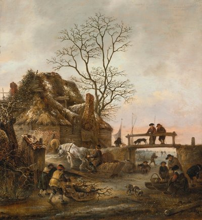 Paisagem de inverno com uma casa de campo perto de uma ponte de Isaac van Ostade