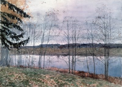 Outono (outono). Descrição das margens de um curso de água, com árvores nuas. Obra de Isaac (Isaac) Ilyich Levitan (1860-1900), aquarela sobre papel de Isaak Ilyich Levitan