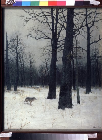 A floresta no Inverno. Árvores negras e nuas na neve, com um lobo. Pintura de Isaak Ilyich Levitan (1860-1900), óleo sobre tela de Isaak Ilyich Levitan