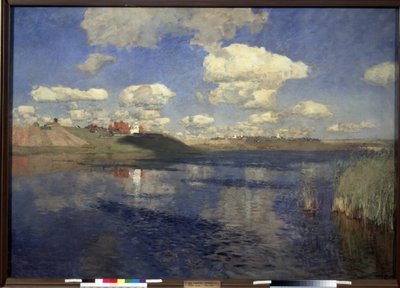 O lago. Vista da extensão do lago ladeado por juncos, nas margens, uma aldeia e campos cultivados. Pintura de Isaac (Isaak) Ilyich Levitan (1860-1900), óleo sobre tela de Isaak Ilyich Levitan