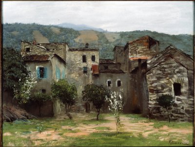 Perto de Bordighera, no norte da Itália. (Perto de Bordighera. No norte da Itália). Descrição de um grupo de edifícios na Ligúria. Obra de Isaak (Isaac) Ilyich Levitan (1860-1900), pastel sobre papel de Isaak Ilyich Levitan