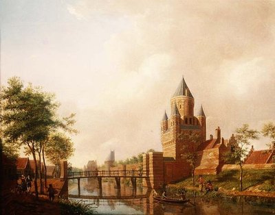 Uma vista do Kleine Houtpoort (Pequeno Portal) em Haarlem com o Grote Houtpoort (Grande Portal) ao fundo de Isaac Ouwater