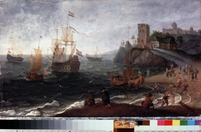Mercado de peixe à beira-mar. Pintura de Isaak Willaerts (1620-1693). Óleo sobre madeira, 35,5 x 67 cm, ca. 1640. Arte holandesa do século XVII. Museu Estatal de História e Arte, Serpukhov (Rússia). de Isaak Willaerts