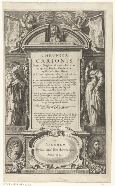 Página de título de Chronica Carionis de P. Melanchthon
Chronica Carionis vanden beginne des werelts aen tot op den Keyser Carolum (título sobre o objecto) de Isaeck van Aelst