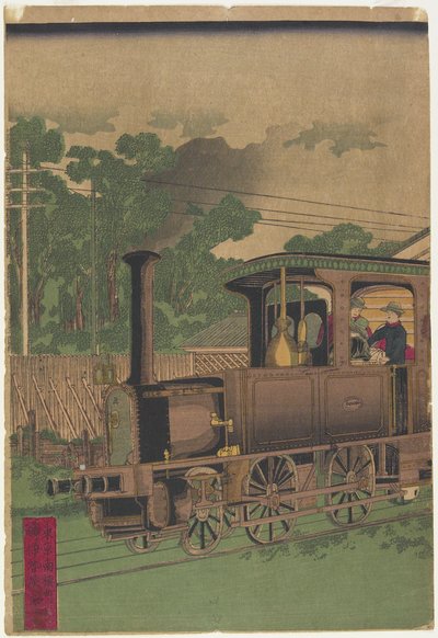 Locomotiva a Vapor em Tóquio, após 1872 (impressão em xilogravura a cores) de Iseya Kanekichi