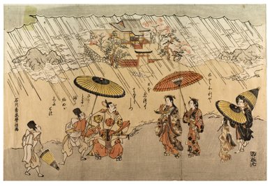 Cena da costa à chuva de Ishikawa Toyonobu