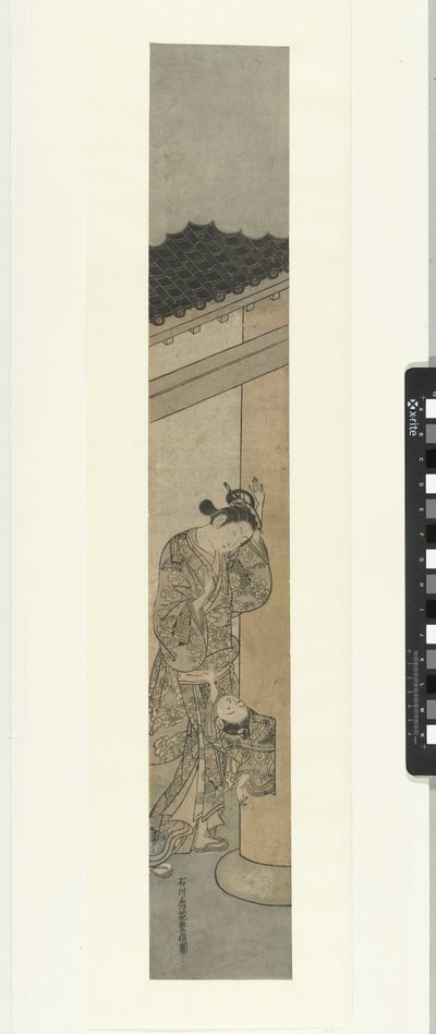 Mulher olhando para criança, rastejando para fora do buraco no pilar de Ishikawa Toyonobu