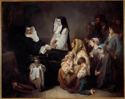 Morte de uma irmã de caridade Famílias pobres se reúnem perto do corpo da freira. Pintura de Isidore Alexandre Augustin Pils (1813-1875) 1850 Sol. 2,43x3,08 m Paris, musee d