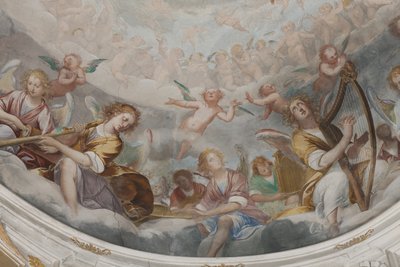 Anjos, músicos anjos e puttos, detalhe do Paraíso com o Pai eterno, c.1623-34 (detalhe de 3496185) de Isidoro Bianchi