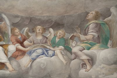 Anjos, músicos anjos e puttos, detalhe do Paraíso com o Pai eterno, c.1623-34 (detalhe de 3496185) de Isidoro Bianchi