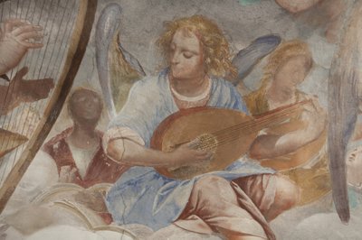 Anjos, músicos anjos e puttos, detalhe do Paraíso com o Pai eterno, c.1623-34 (detalhe de 3496185) de Isidoro Bianchi