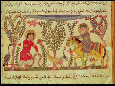 Um médico dando assistência a um homem mordido por uma cobra, manuscrito de um tratado de Dioscoride, do século 13 de Islamic School