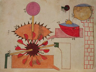 Diagrama de um sistema de bombeamento de água para uma bacia, do livro de conhecimento de dispositivos mecânicos engenhosos de Al-Djazari, 1206 de Islamic School