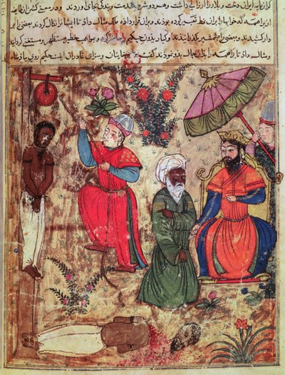 Fol.100 O sultão mostrando justiça, de "O livro de Kalilah e Dimnah" (tinta e aguarela opaca sobre papel) de Islamic School