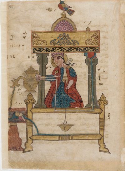 Autómato de lavagem das mãos com mecanismo de descarga, folio do The Book of Ingenious Mechanical Devices; por Al-Djazari, 1315 (wc opaca, tinta e ouro sobre papel) de Islamic School