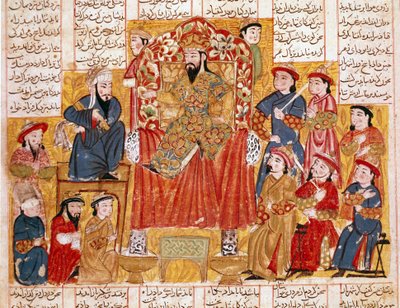 Arte islâmica: "Um Sultão e Sua Corte" miniatura persa de um manuscrito do poema épico "Shahnameh" (Shah Nama, Shahnama) (Livro dos Reis) de Ferdowsi (Firdawsi, ou Ferdawsi, ou Firdousi, ca. 940-around 1020) Por volta de 1330 Museu Topkapi, Istambul de Islamic School