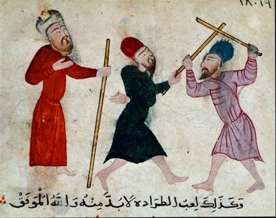 Arte islâmica: Desenho em pergaminho da época de Fatimid (século 10-11) - Jogo de paus - Pintura em papiro - Cairo, Museu de Arte Islâmica de Islamic School