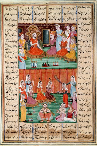 Arte islâmica: "Casamento das Três Filhas de Sero, Rei do Iémen" miniatura persa de um manuscrito do poema épico "Shahnameh" (Shah Nama, Shahnama) (Livro dos Reis) de Ferdowsi (Firdawsi, ou Ferdawsi, ou Firdousi, ca. 940-around 1020) (ms. 60 de Islamic School