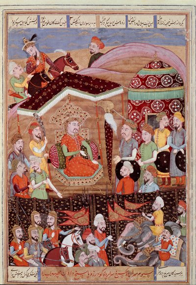Arte islâmica: "Sohrab (Saharab) olha a tenda negra dos líderes do exército persa" miniatura persa de um manuscrito do poema épico "Shahnameh" (Shah Nama, Shahnama) (Livro dos Reis) de Ferdowsi (Firdawsi, ou Ferdawsi, ou Firdousi, ca. 6 de Islamic School