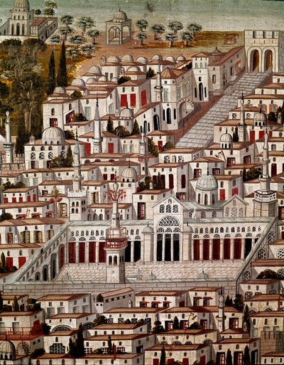 Arte islâmica: Vista de Damasco com A Grande Mesquita dos Omíadas de Damasco (705-715). Pintura síria anônima do século XVII. Síria, Damasco, Palácio Azem ou Azm. de Islamic School