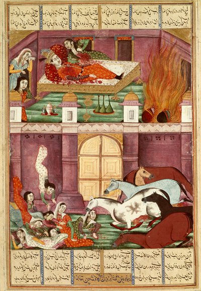 Arte islâmica: "a morte de Firoud e sua mãe Djerireh" miniatura persa de um manuscrito do poema épico "Shahnameh" (Shah Nama, Shahnama) (Livro dos Reis) de Ferdowsi (Firdawsi, ou Ferdawsi, ou Firdousi, ca. 940-around 1020) (ms. 607) Chantill de Islamic School