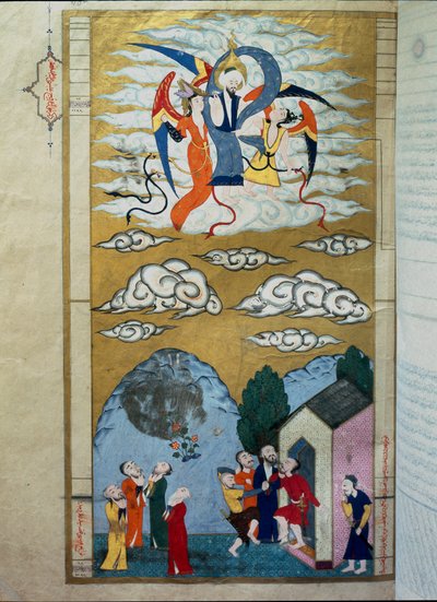 Representação Islâmica da Ascensão do Proféta Isa (Isa ibn Marym: Jesus) Miniatura do manuscrito "Zubdat al Tawarikh" (Zubdat al Tawarikh) (Creme ou a Flor Fina das Histórias) do historiador Seyyyid Loqman (Lokman) Ashuri de Islamic School